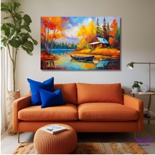 Tekli Yatay Kanvas Sonbahar Temalı Göl Kenarı Ahşap Evler