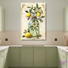 Tekli Dikey Kanvas Mutfak Tablosu Yeşil Kavanozda Limon Dalları ve Limanlar