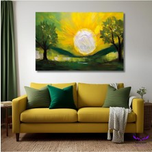 Tekli Yatay Kanvas Yağlı Boya Görünümlü Güneş ve Iki Ağaç