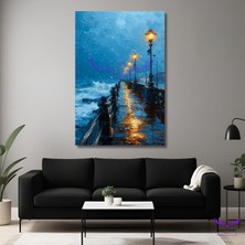 Tekli Dikey Kanvas Modern Duvar Tablosu Deniz Kenarı ve Sokak Lambaları