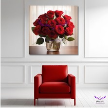 Tekli Kare Kanvas Modern Duvar Tablosu Küçük Cam Vazo Içerisinde Kırmızı Güller