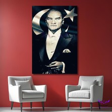 Tekli Dikey Kanvas Ofis Tablosu Siyah Beyaz Ay Yıldızlı Atatürk Portresi