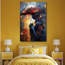 Tekli Dikey Kanvas Modern Yağlı Boya Görünümlü Elinde Şemsiye Olan Kadın Silüeti