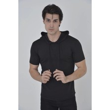 Erkek Kapşonlu Slim Fit T-Shirt - Siyah