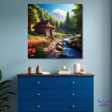 Tekli Kare Kanvas Taş Ev Yanında Akan Dere Manzara Tablosu