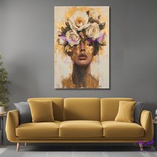 Tekli Dikey Kanvas Soyut Yağlı Boya Görünümlü Kafasında Beyaz Güller Olan Kadın