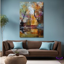 Tekli Dikey Kanvas Şık Duvar Tablosu Soyut Çok Renkli Göl Kenarı ve Orman