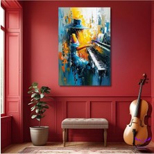 Tekli Dikey Kanvas Yağlı Boya Görünümlü Çok Renkli Piyano Çalan Fötr Şapkalı Kız Tablosu