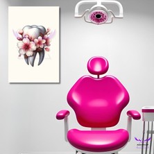 Tekli Dikey Kanvas Diş Poliklinik Tablosu Pembe Çiçekli Diş Tasarımı