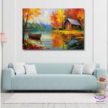 Tekli Yatay Kanvas Yağlı Boya Görünümlü Sonbahar Temalı Ahşap Ev ve Kayık