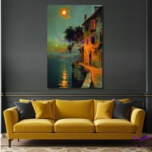 Tekli Dikey Kanvas Yağlı Boya Görünümlü Günbatımında Tarihi Ev Tablosu