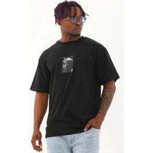 Unisex Oversize Baskılı Bisiklet Yaka T-Shirt - Siyah