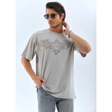 Unisex Oversize Taşlı Bisiklet Yaka T-Shirt - Gri
