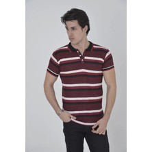 Erkek Yakalı Slim Fit Dokuma Çizgili T-Shirt - Bordo