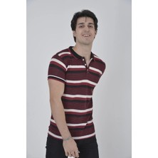 Erkek Yakalı Slim Fit Dokuma Çizgili T-Shirt - Bordo