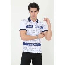 Erkek Yakalı Slim Fit Baskılı T-Shirt - Beyaz