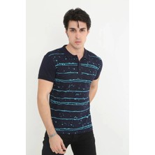 Erkek Yakalı Slim Fit Pike Çizgili T-Shirt - Lacivert