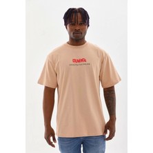 Unisex Baskılı Oversize T-Shirt - Bej