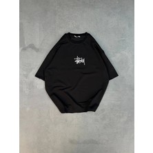 Unisex Bisiklet Yaka Baskılı Oversize T-Shirt - Siyah