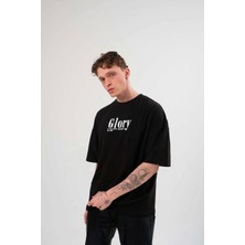 Unisex Bisiklet Yaka Baskılı Oversize T-Shirt - Siyah