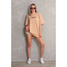 Unisex Bisiklet Yaka Baskılı Oversize T-Shirt - Bej