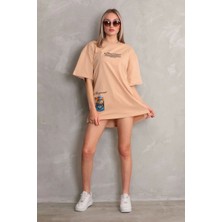 Unisex Bisiklet Yaka Baskılı Oversize T-Shirt - Bej