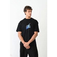 Unisex Bisiklet Yaka Baskılı Oversize T-Shirt - Siyah