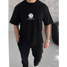 Unisex Bisiklet Yaka Baskılı Oversize T-Shirt - Siyah