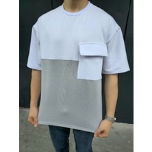 Unisex Torba Cep Detaylı Parçalı T-Shirt - Gri