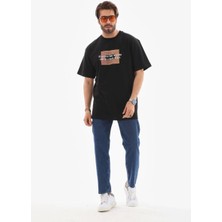 Unisex Bisiklet Yaka Baskılı Oversize T-Shirt - Siyah