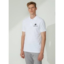 Yakası Düğmeli Yakalı Pike Baskılı T-Shirt - Beyaz
