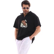 Unisex Yarım Fermuarlı Oversize Baskılı T-Shirt - Siyah