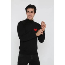 Unisex Yarım Boğazlı Baskılı Dokuma Triko - Siyah