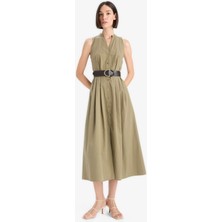 DeFacto %100 Pamuk Regular Fit Kemerli Kolsuz Midi Elbise F7342AX25AU