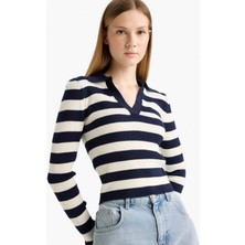 DeFacto Slim Fit Dar Kesim Polo Yaka Çizgili Triko Kazak A2060AX25WN