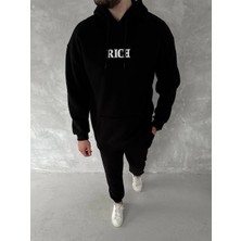 Uzun Kol Kapüşonlu Göğüs Baskılı Sweatshirt - Siyah