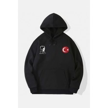 10 Kasıma Özel Üç Iplik Kapüşonlu Baskılı Sweatshirt - Siyah