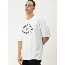 Erkek Baskılı Oversize T-Shirt - Beyaz
