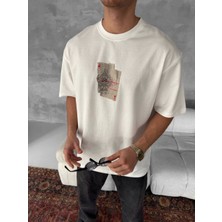 Ön ve Arka Baskılı Oversize Bisiklet Yaka T-Shirt - Beyaz