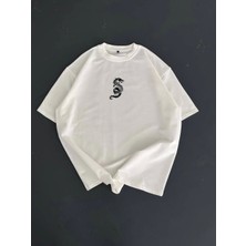 Baskılı Oversize Bisiklet Yaka T-Shirt - Beyaz