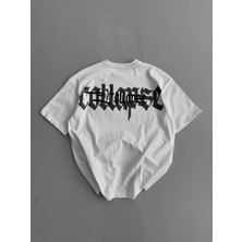 20/1 Penye Compack Baskılı Oversize Bisiklet Yaka Kısa Kol Yazlık T-Shirt - Beyaz