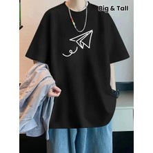 20/1 Penye Compack Uçak Baskılı Oversize Bisiklet Yaka Kısa Kol T-Shirt - Siyah