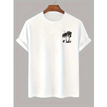 20/1 Penye Compack Palmiye Baskılı Oversize Bisiklet Yaka Kısa Kol T-Shirt - Beyaz