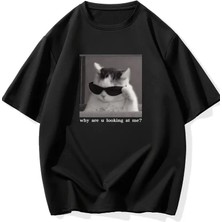"neden Bana Bakıyorsun?" Komik Kedi Grafik Tişört - Dijital Baskılı Siyah Bol Kesim Streetwear Tişört, Erkekler Için Dört Mevsim Günlük Gömlek - Siyah