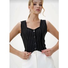 Çizgili Krep Düğmeli Yelek Siyah S3395