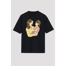 Anneler Gününe Özel Tasarım Anne Kız Baskılı T-Shirt - Siyah