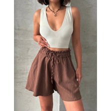 Volanlı Keten Şort Kahve S255058