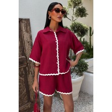 Kadın Mürdüm Keten Biye Detaylı Kısa Kollu Takım