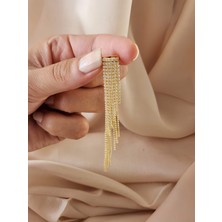 Kristal Taşlı Zincir Sallantılı Deliksiz Kıkırdak Gold Altın Renkli Küpe