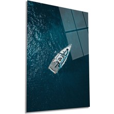 Deniz Üstünde Yelkenli Dikey Cam Tablo, Ev ve Ofis Duvar Dekoru, Lüks Hediyelik, Kırılmaz Çizilmez